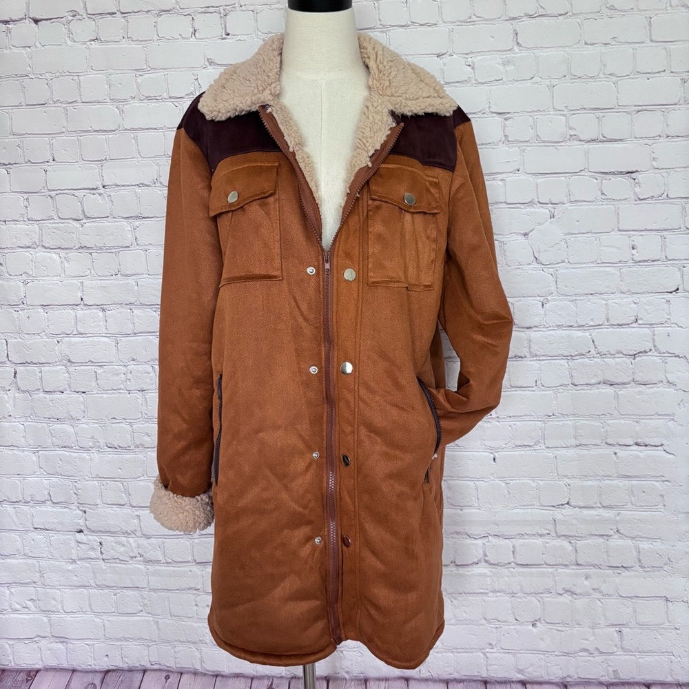 Men's Brown Faux Suede Sherpa Zippered Chore Jacket--NEW--S